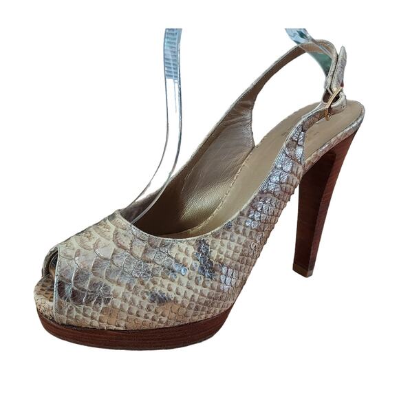 Stuart Weitzman Snakeskin Peep Toe Slingback Wood Platform 5" Pump Heels Sz 7.5 - Picture 1 of 10